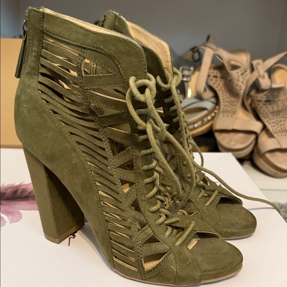 Olive Green Lace-Up Heeled Sandals